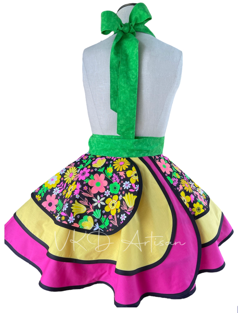 Bright Flowers Pinup Apron - Fluorescent Floral Pinup Apron - Pink Yellow & Green Apron - Vintage Apron