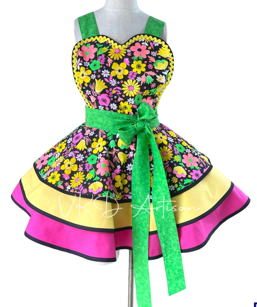 Bright Flowers Pinup Apron - Fluorescent Floral Pinup Apron - Pink Yellow & Green Apron - Vintage Apron