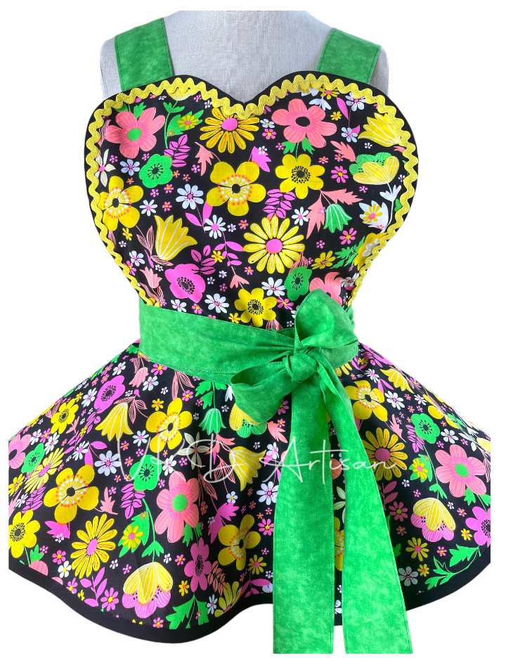 Bright Flowers Pinup Apron - Fluorescent Floral Pinup Apron - Pink Yellow & Green Apron - Vintage Apron