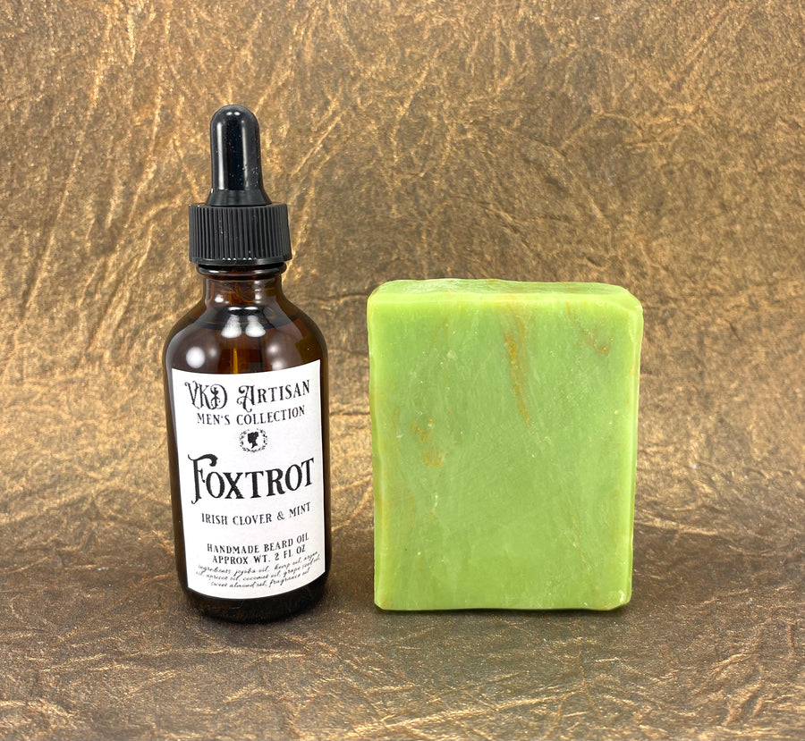 Foxtrot Gift Set for Men - Handmade Soap & Beard Oil -  Irish Clover & Mint Beard Oil & Soap - Gifts for Him - Self Care for Men