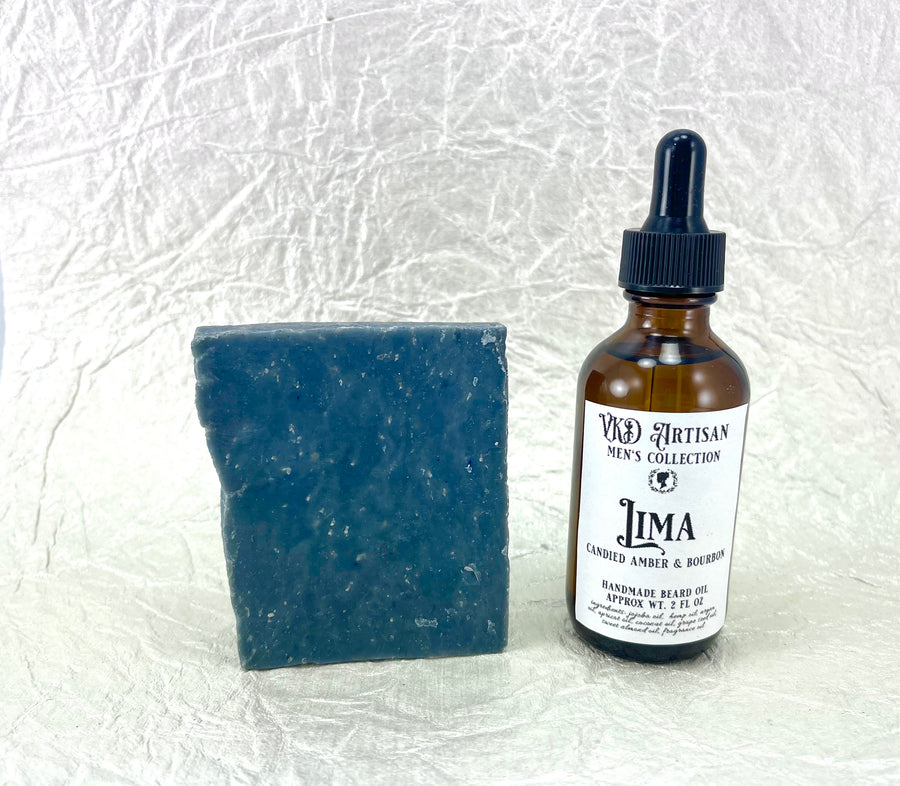 Lima Gift Set for Men - Handmade Soap & Beard Oil -  Candied Amber & Bourbon Beard Oil - Gifts for Him - Self Care for Men