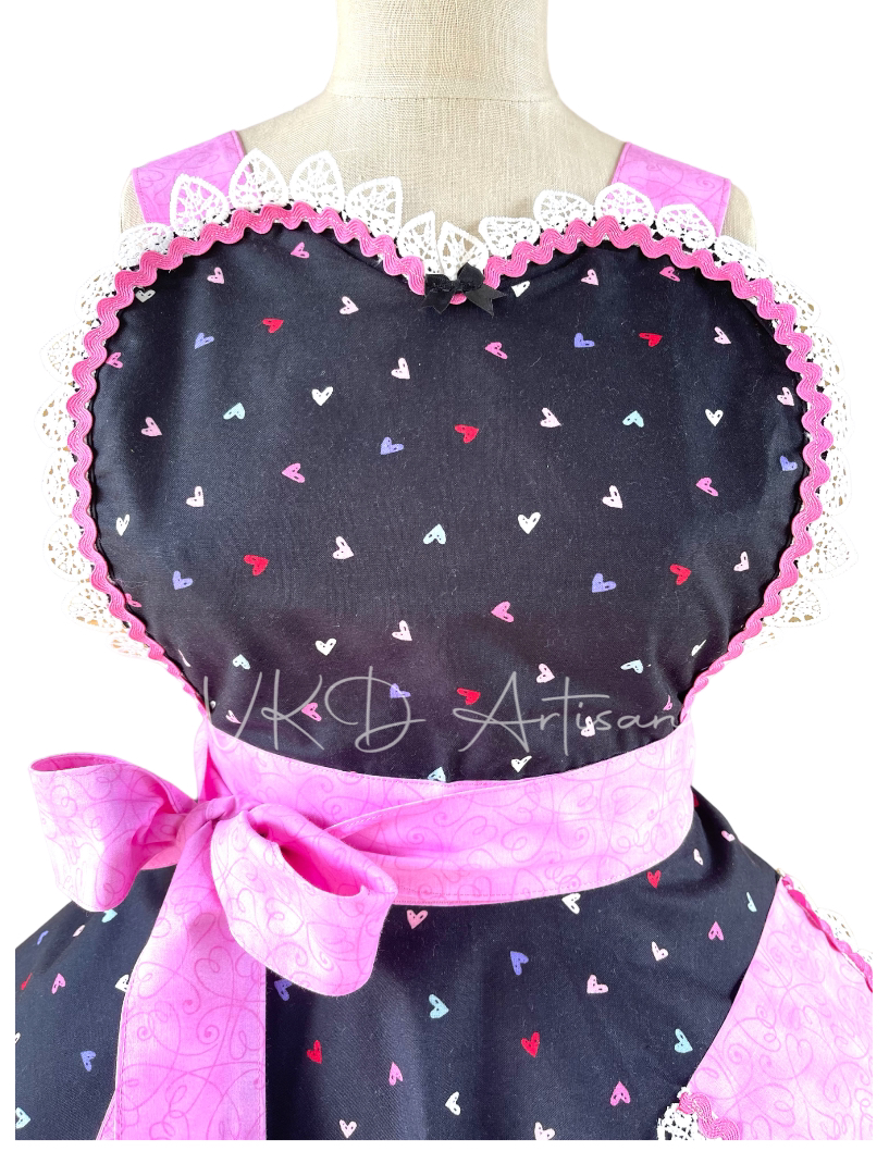 Valentine’s Day Pinup Apron -  Hearts Pinup Apron - Black and Pink Hearts Apron - Vintage Apron