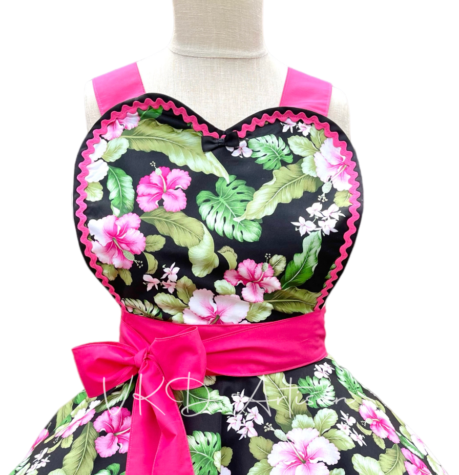 Hibiscus Pinup Apron - Tropical Pinup Apron - Black & Pink Apron - Vintage Apron