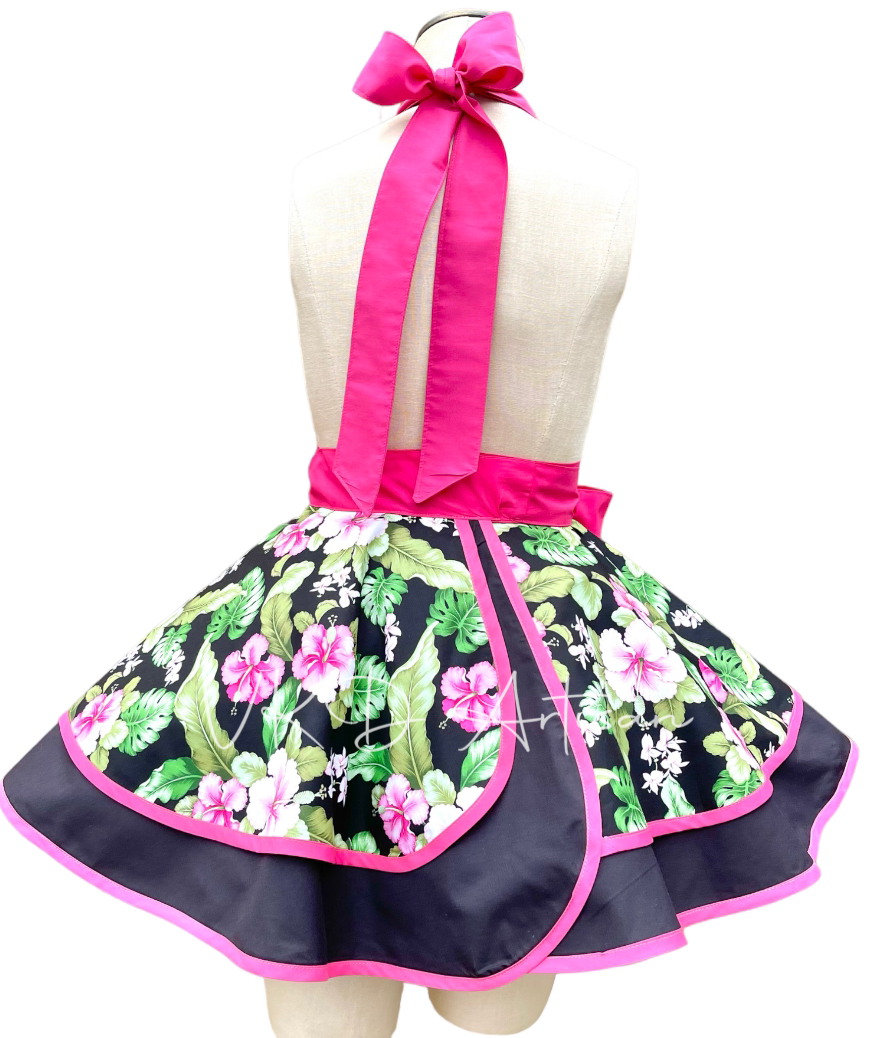 Hibiscus Pinup Apron - Tropical Pinup Apron - Black & Pink Apron - Vintage Apron