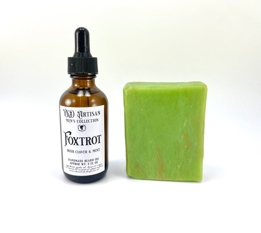 Foxtrot Gift Set for Men - Handmade Soap & Beard Oil -  Irish Clover & Mint Beard Oil & Soap - Gifts for Him - Self Care for Men